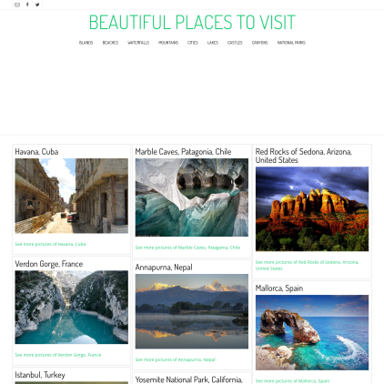 A detailed screenshot showcasing the homepage of beautifulplacestovisit.com, highlighting its main features and design elements.