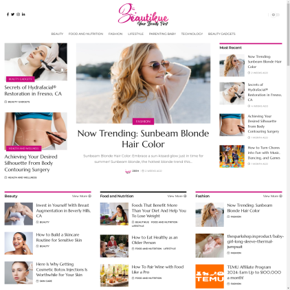 A detailed screenshot showcasing the homepage of beautikue.com, highlighting its main features and design elements.