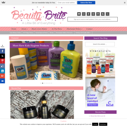 A detailed screenshot showcasing the homepage of beautybrite.com, highlighting its main features and design elements.