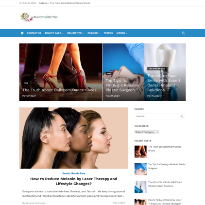 A detailed screenshot showcasing the homepage of beautyhealthytips.in, highlighting its main features and design elements.