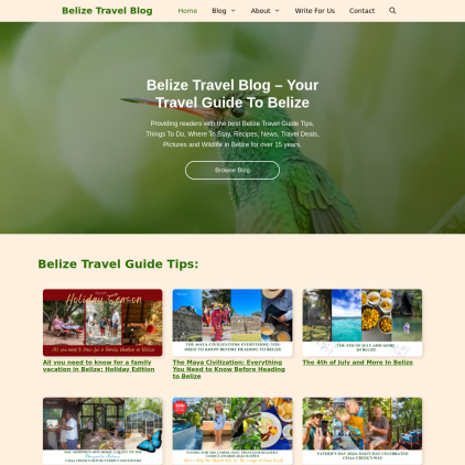 A detailed screenshot showcasing the homepage of belize-travel-blog.chaacreek.com, highlighting its main features and design elements.