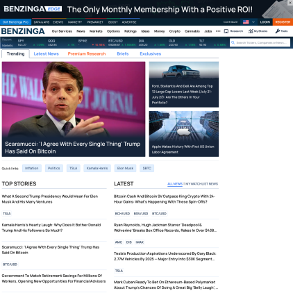 A detailed screenshot showcasing the homepage of benzinga.com, highlighting its main features and design elements.