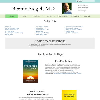 A detailed screenshot showcasing the homepage of berniesiegelmd.com, highlighting its main features and design elements.