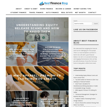 A detailed screenshot showcasing the homepage of bestfinance-blog.com, highlighting its main features and design elements.