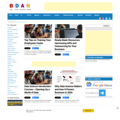 A detailed screenshot showcasing the homepage of bigdataanalyticsnews.com, highlighting its main features and design elements.