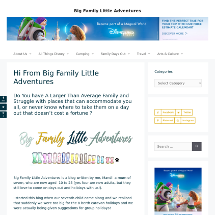 A detailed screenshot showcasing the homepage of bigfamilylittleadventures.co.uk, highlighting its main features and design elements.