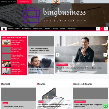 A detailed screenshot showcasing the homepage of bingbusiness.xyz, highlighting its main features and design elements.