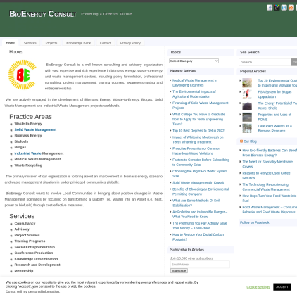 A detailed screenshot showcasing the homepage of bioenergyconsult.com, highlighting its main features and design elements.