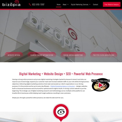 A detailed screenshot showcasing the homepage of bizopia.com, highlighting its main features and design elements.