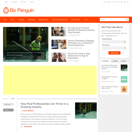 A detailed screenshot showcasing the homepage of bizpenguin.com, highlighting its main features and design elements.