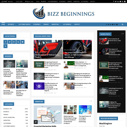 A detailed screenshot showcasing the homepage of bizzbeginnings.com, highlighting its main features and design elements.