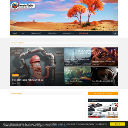 A detailed screenshot showcasing the homepage of blendernation.com, highlighting its main features and design elements.