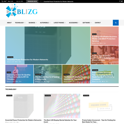 A detailed screenshot showcasing the homepage of blizg.com, highlighting its main features and design elements.