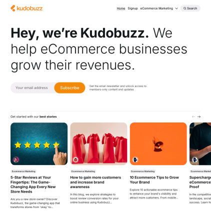 A detailed screenshot showcasing the homepage of blog.kudobuzz.com, highlighting its main features and design elements.