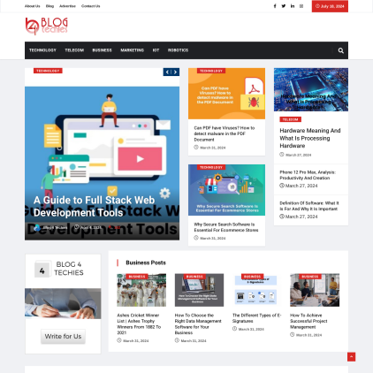 A detailed screenshot showcasing the homepage of blog4techies.com, highlighting its main features and design elements.