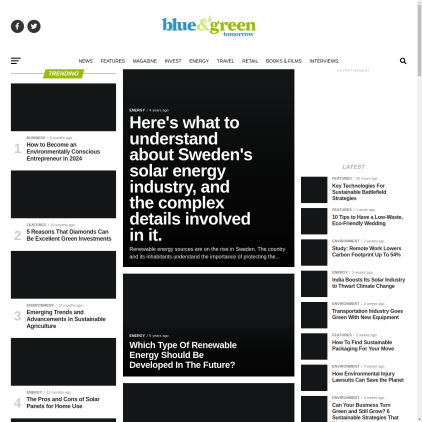 A detailed screenshot showcasing the homepage of blueandgreentomorrow.com, highlighting its main features and design elements.