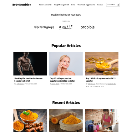 A detailed screenshot showcasing the homepage of bodynutrition.org, highlighting its main features and design elements.