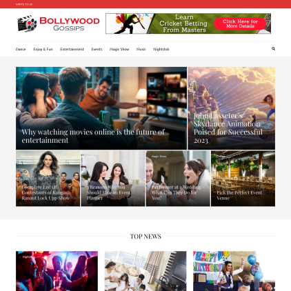 A detailed screenshot showcasing the homepage of bollywood-gossips.com, highlighting its main features and design elements.