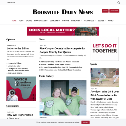 A detailed screenshot showcasing the homepage of boonvilledailynews.com, highlighting its main features and design elements.