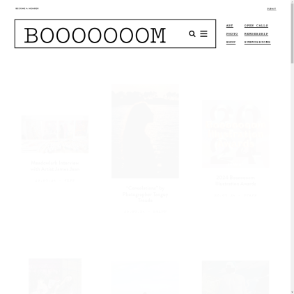 A detailed screenshot showcasing the homepage of booooooom.com, highlighting its main features and design elements.