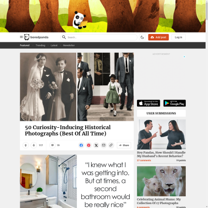 A detailed screenshot showcasing the homepage of boredpanda.com, highlighting its main features and design elements.