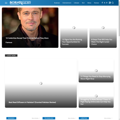 A detailed screenshot showcasing the homepage of bornrealist.com, highlighting its main features and design elements.