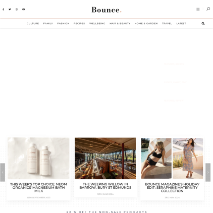 A detailed screenshot showcasing the homepage of bouncemagazine.co.uk, highlighting its main features and design elements.