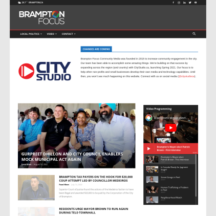 A detailed screenshot showcasing the homepage of bramptonfocus.ca, highlighting its main features and design elements.