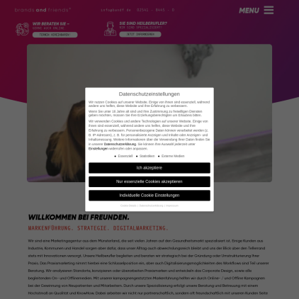 A detailed screenshot showcasing the homepage of brands-and-friends.de, highlighting its main features and design elements.