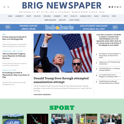 A detailed screenshot showcasing the homepage of brignews.com, highlighting its main features and design elements.