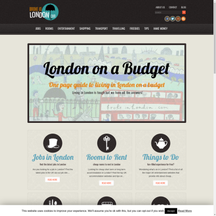 A detailed screenshot showcasing the homepage of brokeinlondon.com, highlighting its main features and design elements.