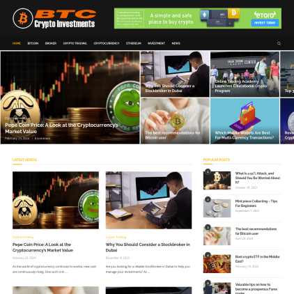 A detailed screenshot showcasing the homepage of btccryptoinvestments.com, highlighting its main features and design elements.