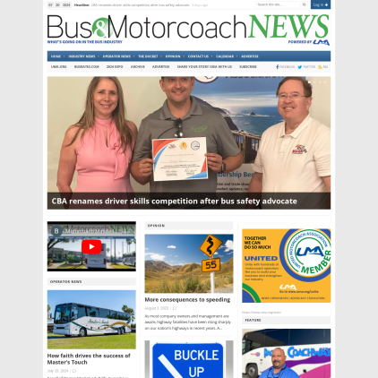 A detailed screenshot showcasing the homepage of busandmotorcoachnews.com, highlighting its main features and design elements.