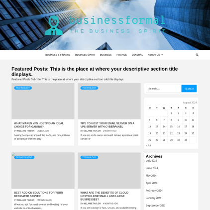 A detailed screenshot showcasing the homepage of businessformal.xyz, highlighting its main features and design elements.