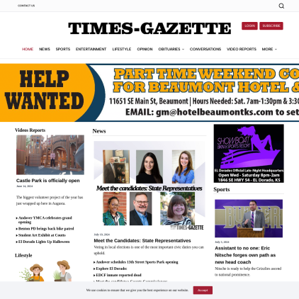 A detailed screenshot showcasing the homepage of butlercountytimesgazette.com, highlighting its main features and design elements.