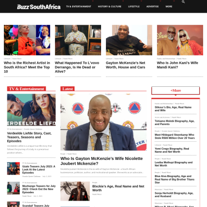 A detailed screenshot showcasing the homepage of buzzsouthafrica.com, highlighting its main features and design elements.