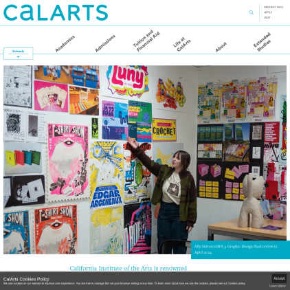 A detailed screenshot showcasing the homepage of calarts.edu, highlighting its main features and design elements.