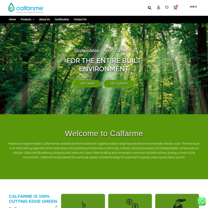 A detailed screenshot showcasing the homepage of calfarme.com.au, highlighting its main features and design elements.