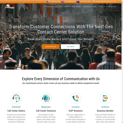 A detailed screenshot showcasing the homepage of callcenterhosting.com, highlighting its main features and design elements.