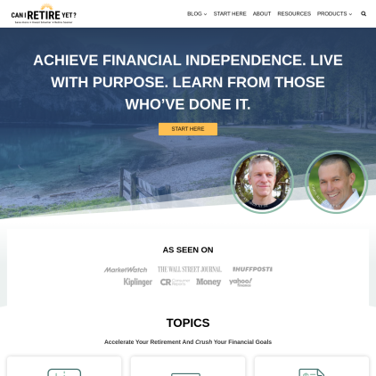 A detailed screenshot showcasing the homepage of caniretireyet.com, highlighting its main features and design elements.