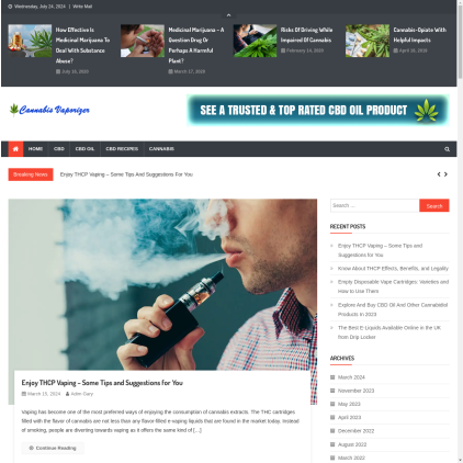 A detailed screenshot showcasing the homepage of cannabis-vaporizer.com, highlighting its main features and design elements.