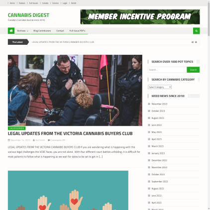 A detailed screenshot showcasing the homepage of cannabisdigest.ca, highlighting its main features and design elements.