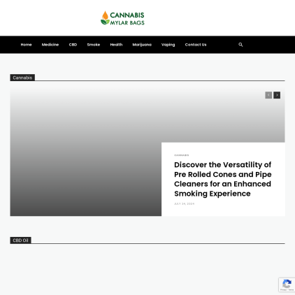 A detailed screenshot showcasing the homepage of cannabismylarbags.com, highlighting its main features and design elements.