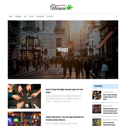 A detailed screenshot showcasing the homepage of cannabisstudyhouse.com, highlighting its main features and design elements.