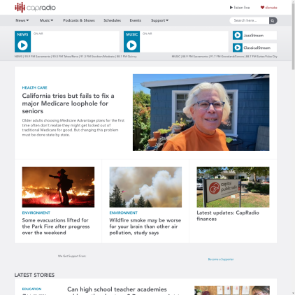 A detailed screenshot showcasing the homepage of capradio.org, highlighting its main features and design elements.