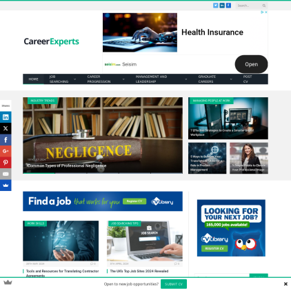 A detailed screenshot showcasing the homepage of careerexperts.co.uk, highlighting its main features and design elements.