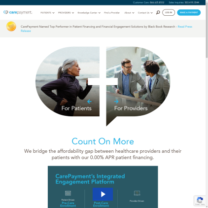 A detailed screenshot showcasing the homepage of carepayment.com, highlighting its main features and design elements.