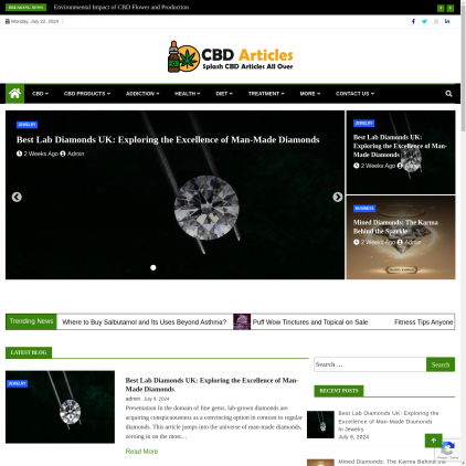 A detailed screenshot showcasing the homepage of cbdarticles.co.uk, highlighting its main features and design elements.