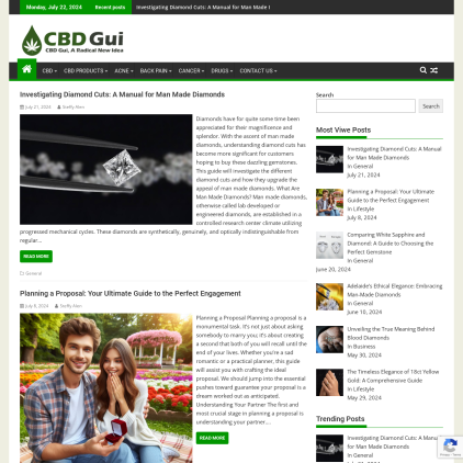 A detailed screenshot showcasing the homepage of cbdgui.com, highlighting its main features and design elements.