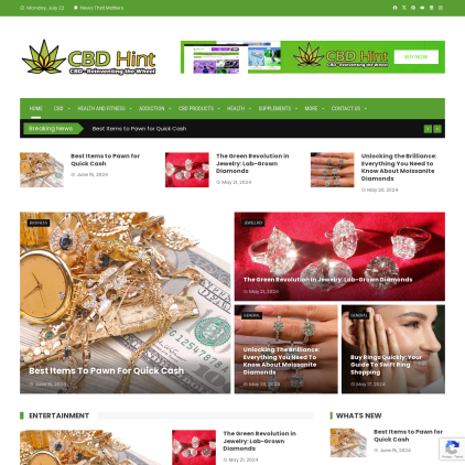 A detailed screenshot showcasing the homepage of cbdhint.com, highlighting its main features and design elements.